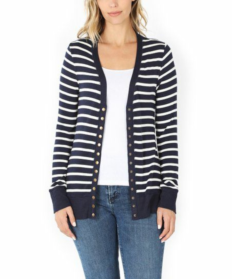 Women * | New 42Pops Navy & Ivory Stripe Snap-Front Cardigan Women