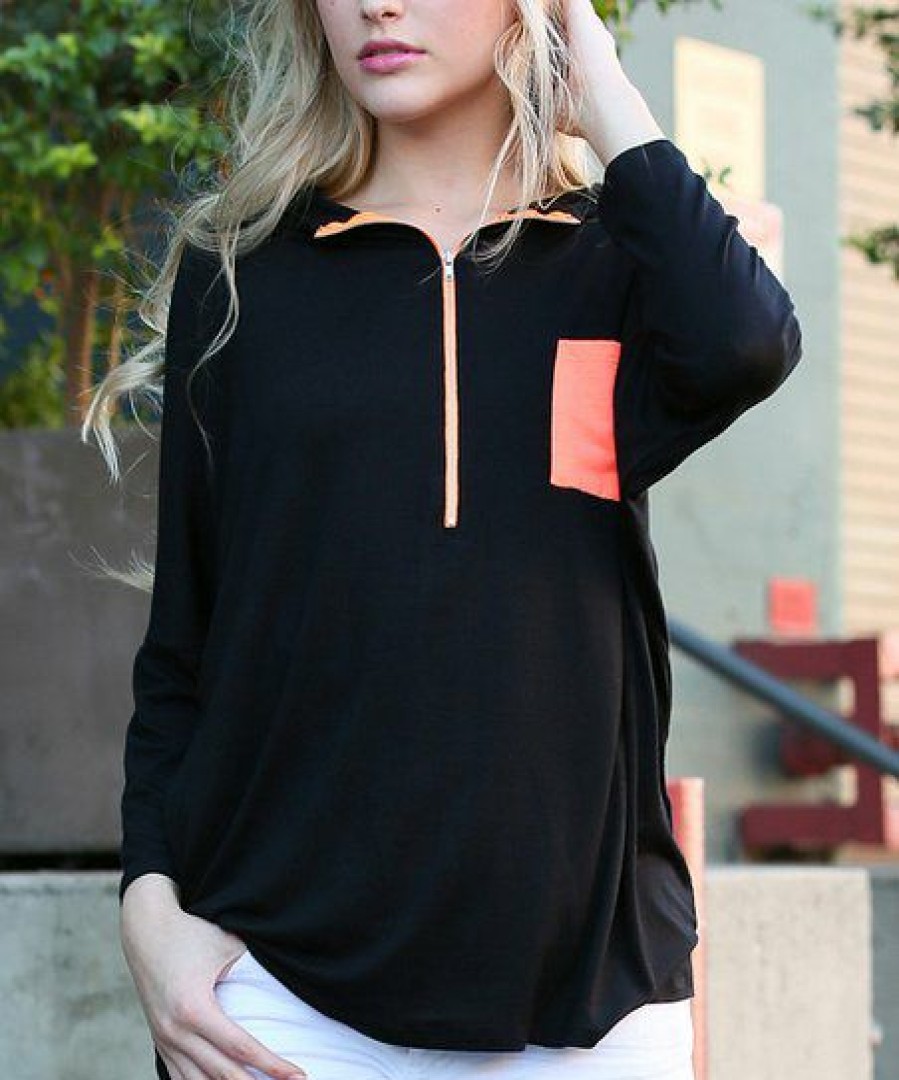 Other * | Best Sale 42Pops Black & Pink Contrast Zip-Front Long-Sleeve Pocket Hoodie Women