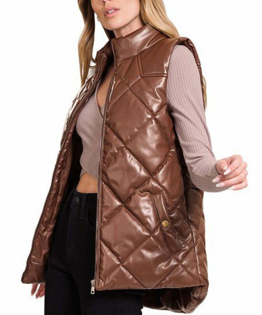 Women * | Hot Sale 42Pops Chocolate Quilted Faux Leather Mock Neck Zip-Up Puffer Vest Women