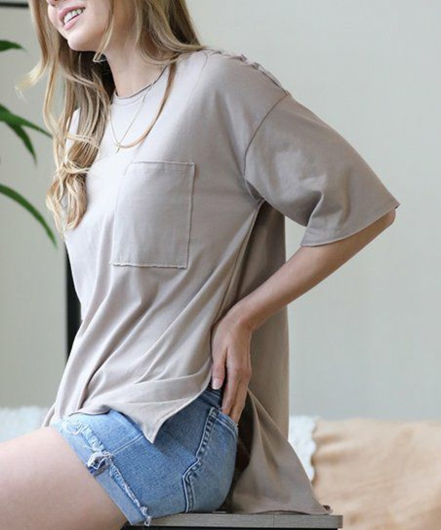 Other * | Cheap 42Pops Ash Mocha Side-Slit Raw-Edge Pocket Boyfriend Tee Women