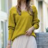 Women * | Top 10 42Pops Olive Mustard Distressed V-Neck Bishop-Sleeve Sweater Women