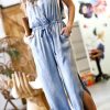 Women * | Brand New 42Pops Light Denim Side-Slit Tie-Waist Sleeveless Pocket Surplice Jumpsuit Women