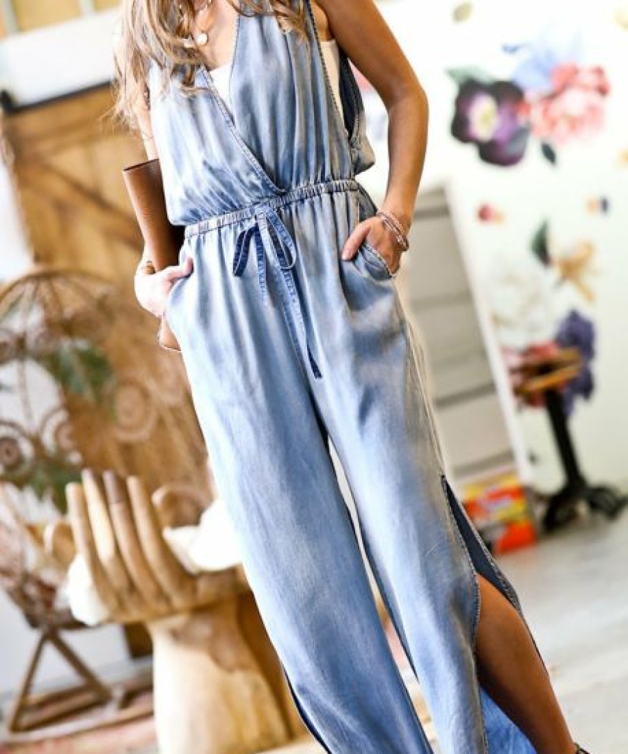 Women * | Brand New 42Pops Light Denim Side-Slit Tie-Waist Sleeveless Pocket Surplice Jumpsuit Women