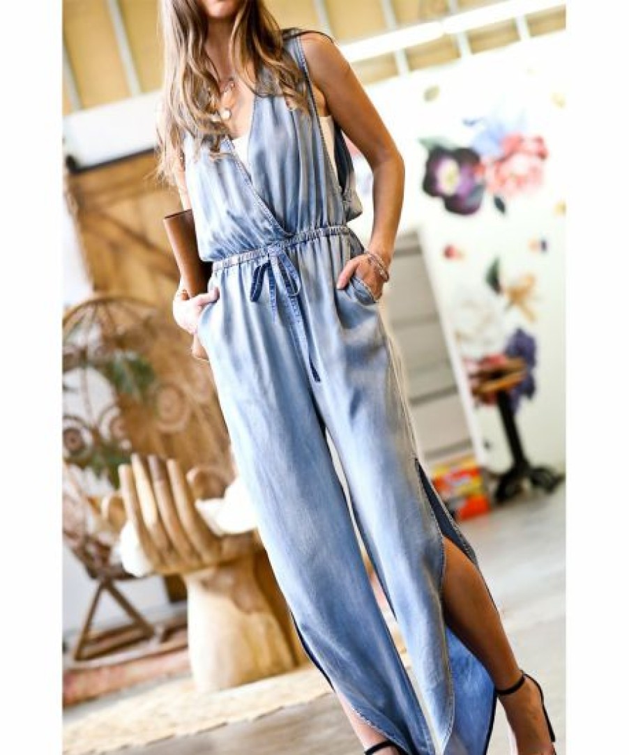 Women * | Brand New 42Pops Light Denim Side-Slit Tie-Waist Sleeveless Pocket Surplice Jumpsuit Women