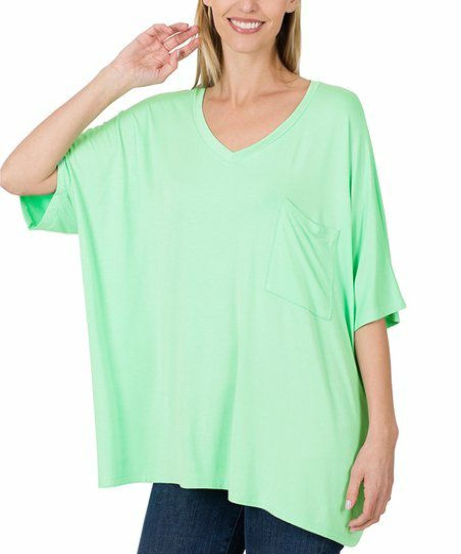 Other * | Wholesale 42Pops Green Mint Oversize V-Neck Dolman Pocket Tee Women