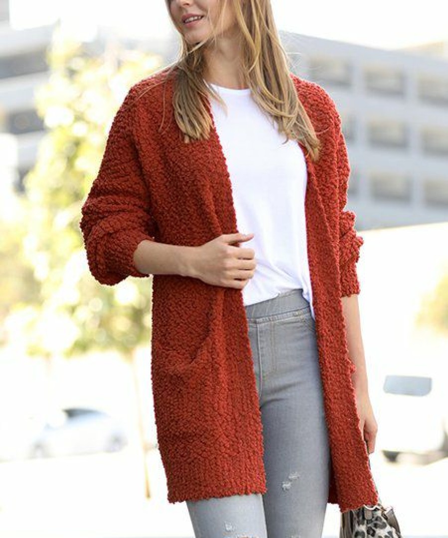 Women * | Cheapest 42Pops Dark Rust Popcorn Pocket Open Cardigan Women