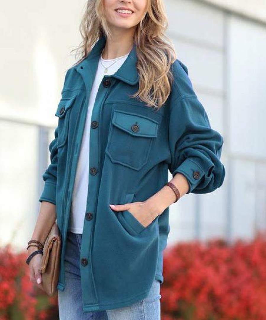 Women * | Top 10 42Pops Teal Curved-Hem Pocket Oversize Shacket Women