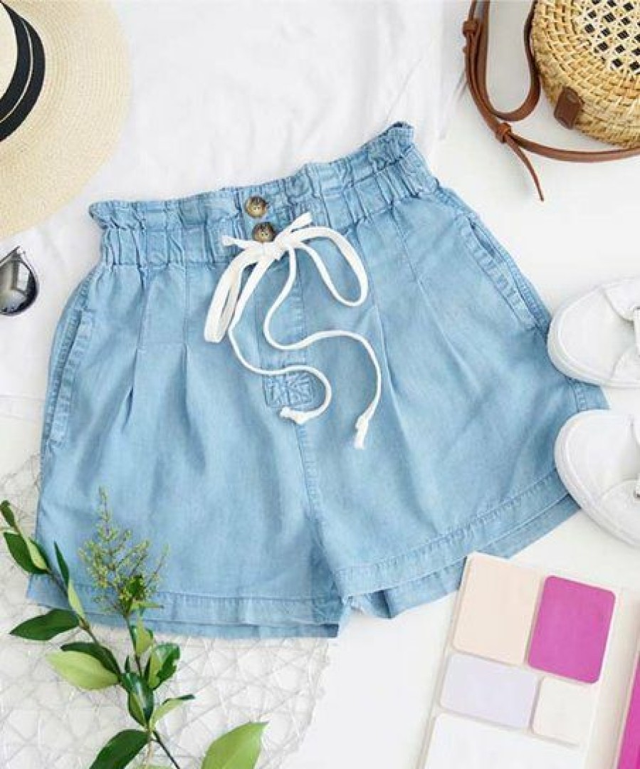 Women * | Discount 42Pops Sky Chambray Pleated Pocket Paper-Bag Shorts Women