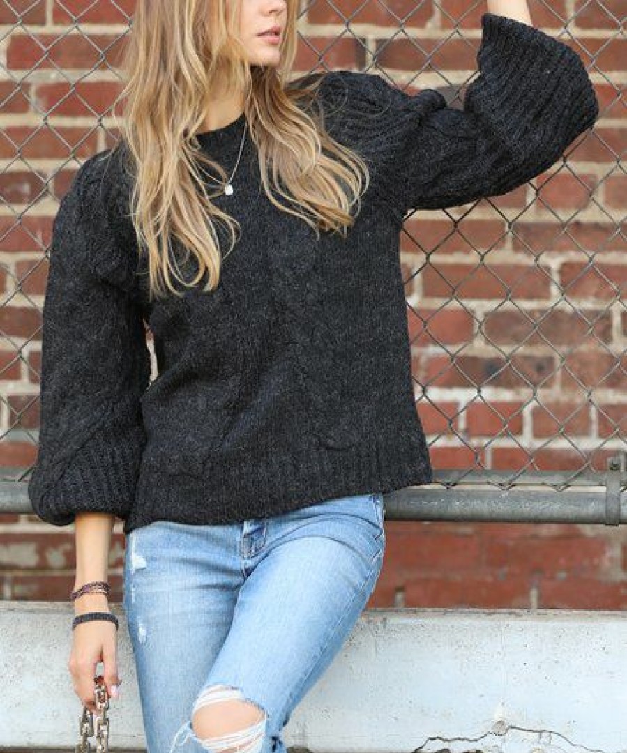 Women * | Top 10 42Pops Charcoal Cable-Knit Crewneck Balloon-Sleeve Sweater Women