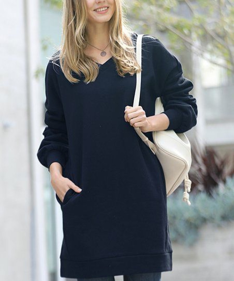 Women * | Wholesale 42Pops Navy V-Neck Pocket Sweatshirt Dress Women