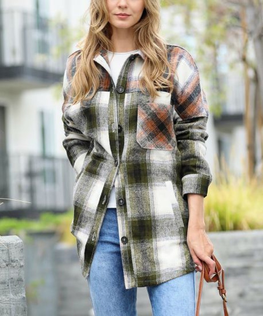 Women * | Outlet 42Pops Olive & Rust Plaid Longline Pocket Shacket Women