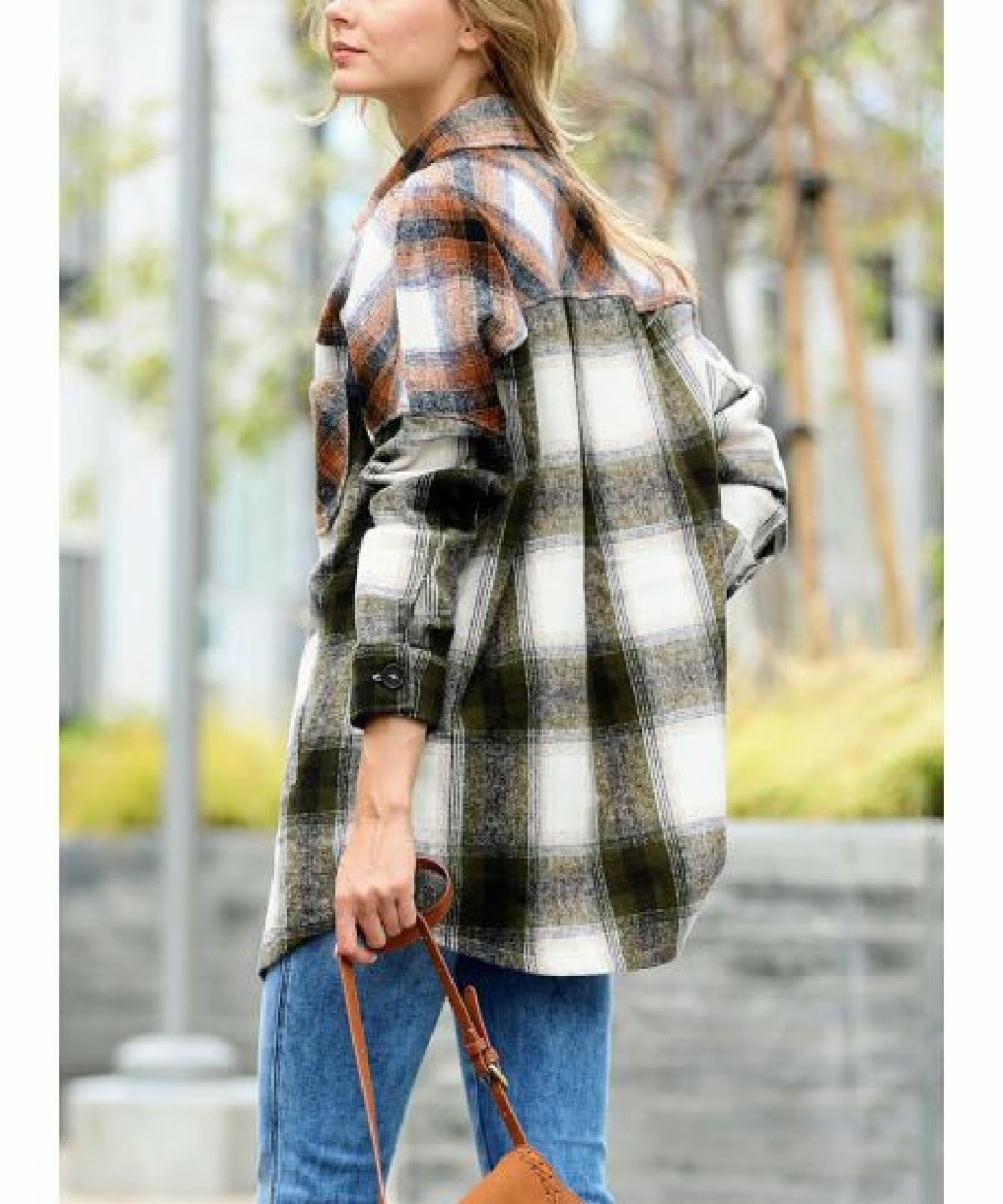 Women * | Outlet 42Pops Olive & Rust Plaid Longline Pocket Shacket Women