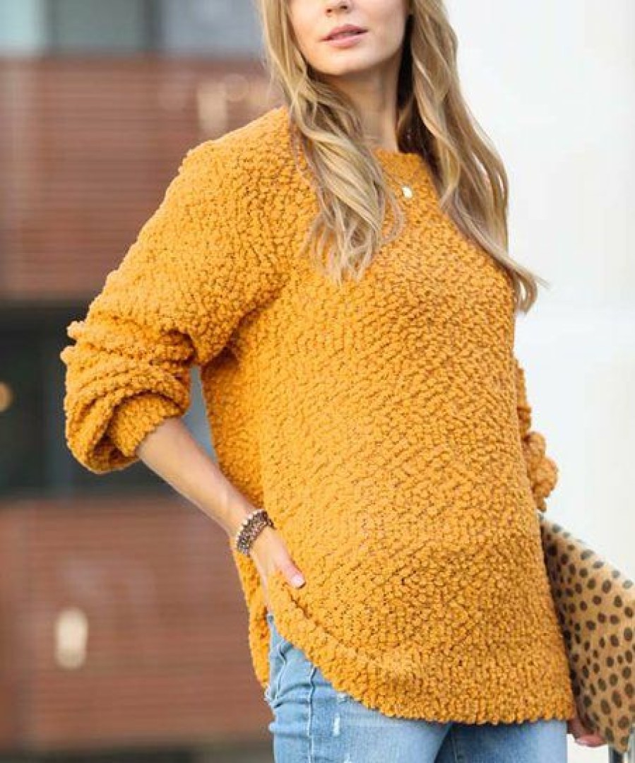 Women * | Best Pirce 42Pops Golden Mustard Popcorn-Texture Crewneck Bishop-Sleeve Sweater Women & Plus