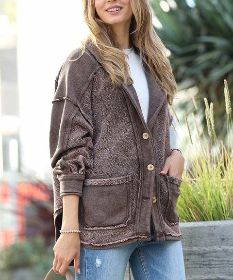 Women * | Flash Sale 42Pops Brown Mineral Wash Distressed Pocket Button-Up Jacket Women