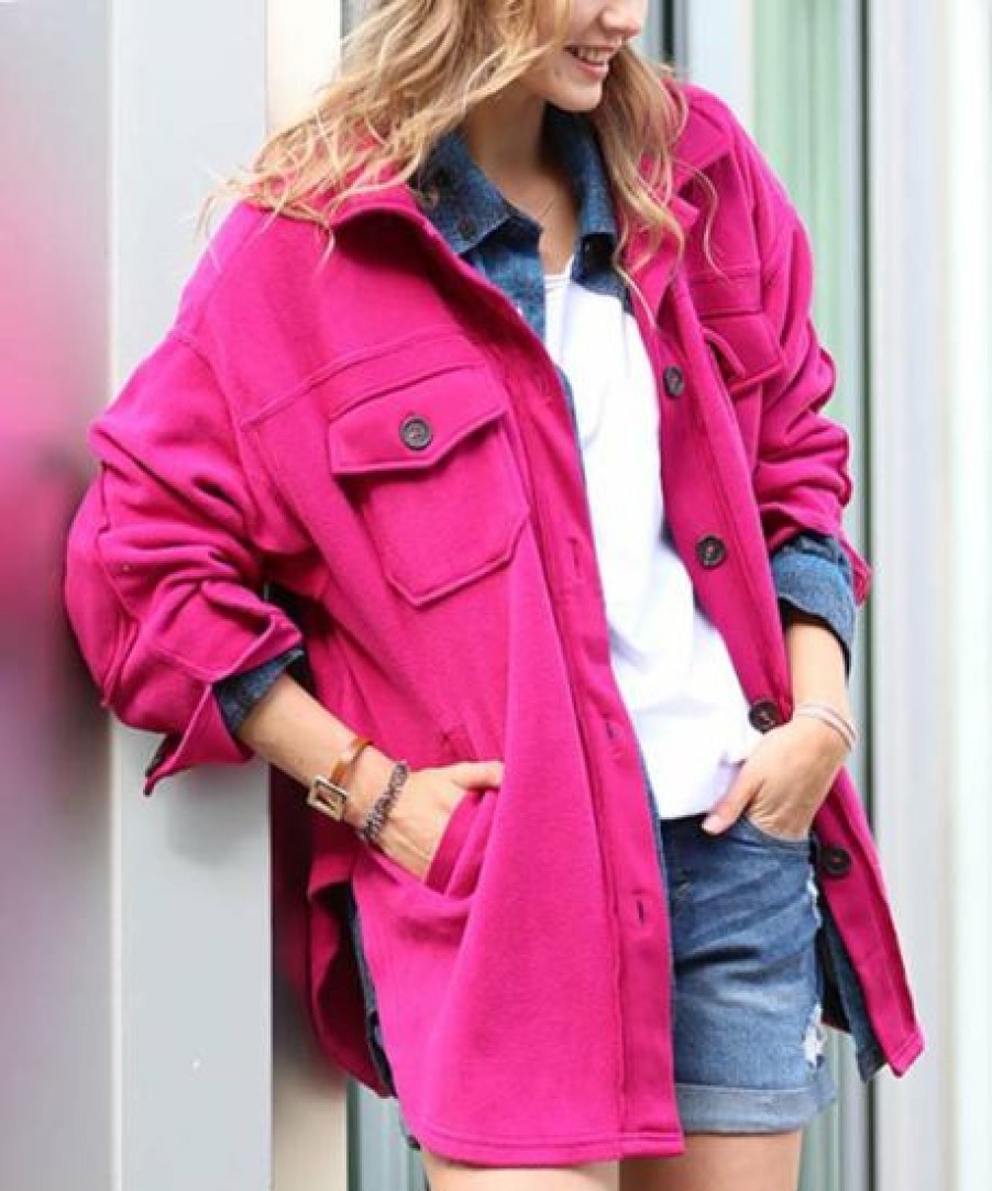 Women * | Flash Sale 42Pops Magenta Elbow-Patch Pocket Oversize Shacket Women