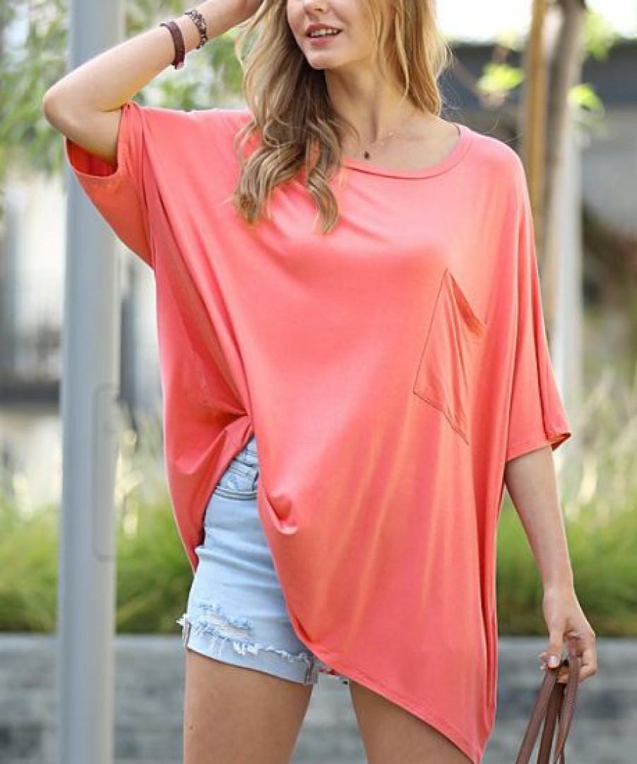 Women * | Best Reviews Of 42Pops Deep Coral Scoop Neck Pocket Oversize Boyfriend Tee Plus