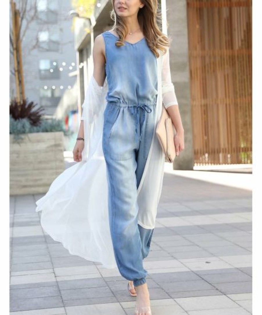 Women * | Best Pirce 42Pops Medium Blue Chambray Sleeveless Jogger Pocket Jumpsuit Women