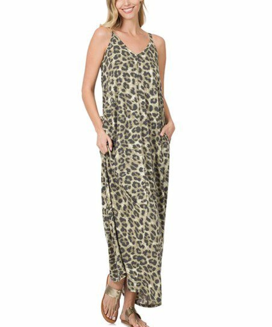 Women * | Hot Sale 42Pops Olive Leopard V-Neck Cami Pocket Maxi Dress Women