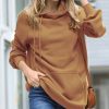 Women * | Buy 42Pops Dark Camel Side-Tie Funnel-Neck Long-Sleeve Pocket Hoodie Women