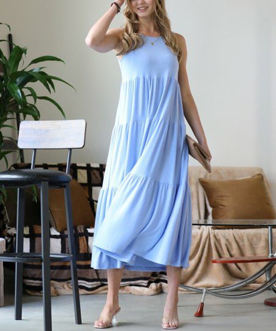 Women * | Wholesale 42Pops Spring Blue Three-Tier Crewneck Sleeveless Midi Dress Women