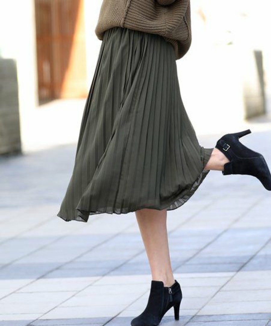 Women * | Cheapest 42Pops Dark Olive High-Waist Pleated Midi Skirt Women