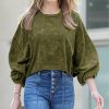 Women * | Promo 42Pops Olive Mineral Wash Raw-Edge Crewneck Puff Long-Sleeve Crop Tee Women