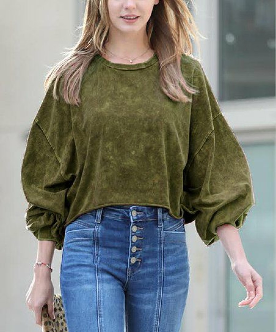 Women * | Promo 42Pops Olive Mineral Wash Raw-Edge Crewneck Puff Long-Sleeve Crop Tee Women