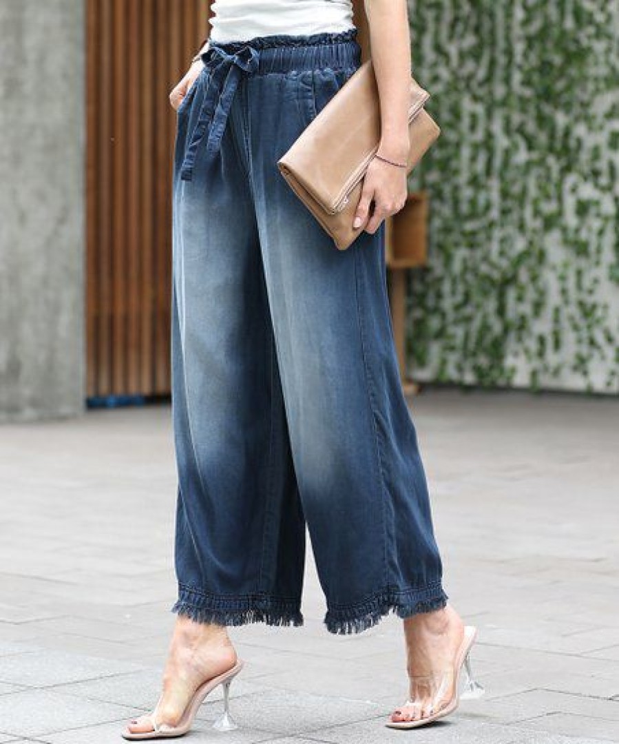 Women * | Wholesale 42Pops Midnight Chambray Tie-Waist Pocket Crop Wide-Leg Paper Bag Jeans Women