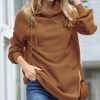 Women * | Best Pirce 42Pops Deep Camel Side-Tie Funnel-Neck Long-Sleeve Pocket Hoodie Women