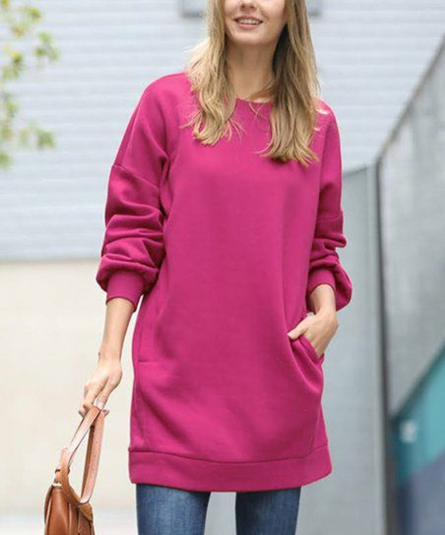 Women * | Best Reviews Of 42Pops Magenta Crewneck Long-Sleeve Pocket Oversize Sweatshirt Tunic Women