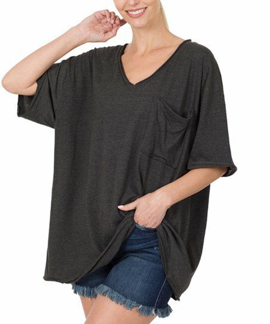 Women * | Hot Sale 42Pops Charcoal Oversize V-Neck Pocket Boyfriend Tee Women