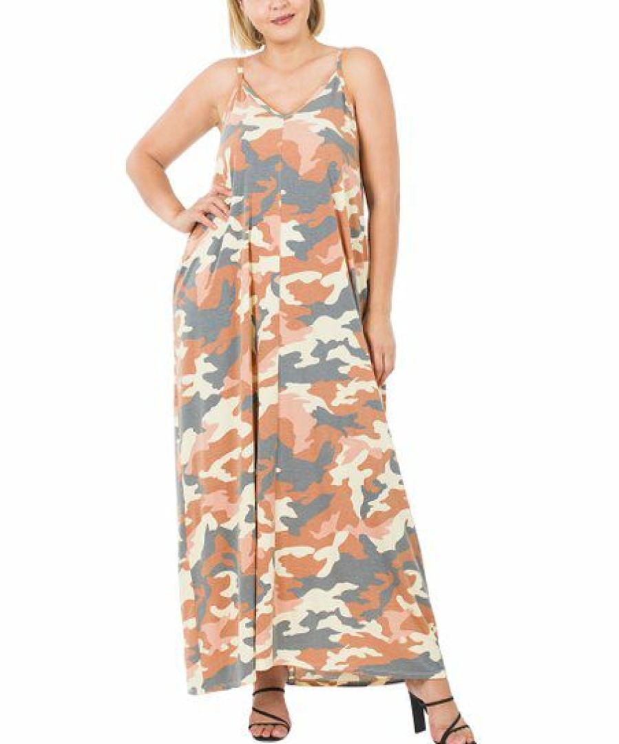 Women * | Deals 42Pops Almond Camouflage V-Neck Sleeveless Pocket Maxi Dress Plus