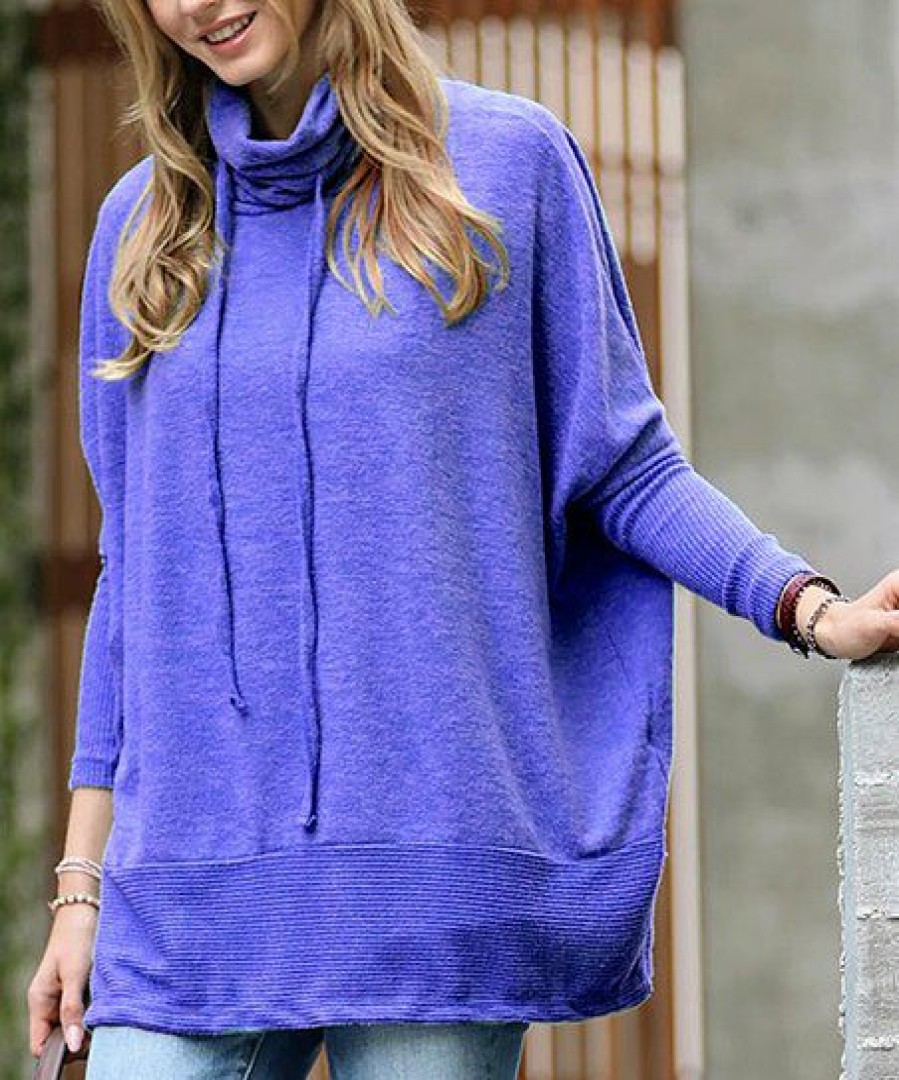 Women * | Best Pirce 42Pops Bright Blue Melange Drawstring Cowl Neck Long-Sleeve Sweater Women