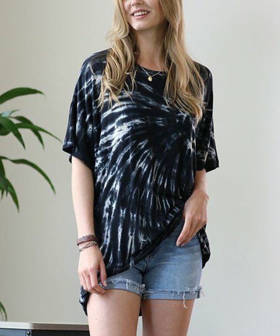 Women * | Brand New 42Pops Black Tie-Dye Drop Shoulder Crewneck Short-Sleeve Oversize Tee