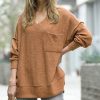 Women * | Discount 42Pops Dark Camel Oversize V-Neck Hi-Low Pocket Sweater Women