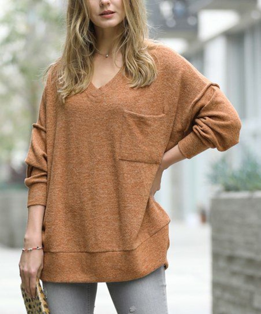 Women * | Discount 42Pops Dark Camel Oversize V-Neck Hi-Low Pocket Sweater Women