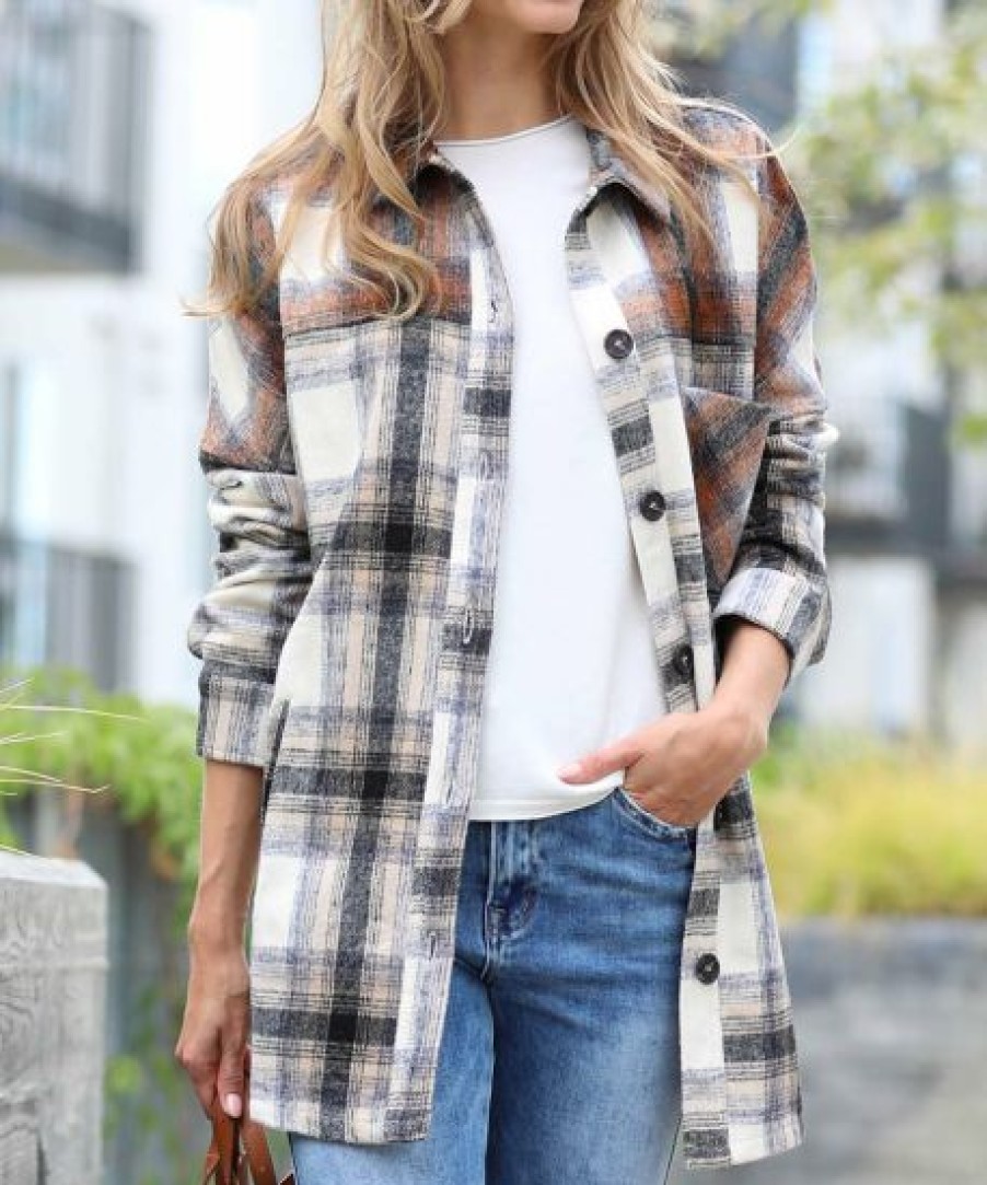 Women * | Top 10 42Pops Camel & Rust Color Block Plaid Pocket Oversize Shacket Women