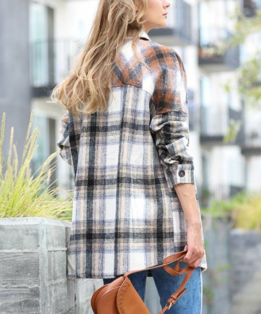 Women * | Top 10 42Pops Camel & Rust Color Block Plaid Pocket Oversize Shacket Women