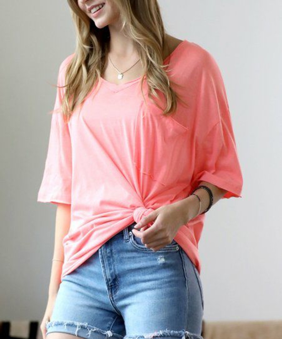 Other * | New 42Pops Heather Neon Peach Oversize Pocket Tee Women