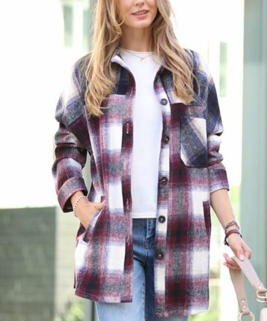 Women * | Best Reviews Of 42Pops Burgundy & Navy Color Block Plaid Pocket Oversize Shacket Women