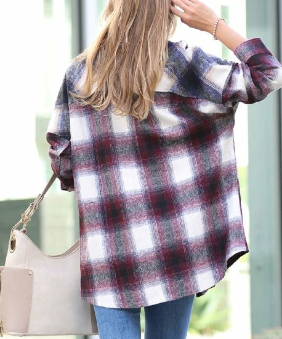 Women * | Best Reviews Of 42Pops Burgundy & Navy Color Block Plaid Pocket Oversize Shacket Women