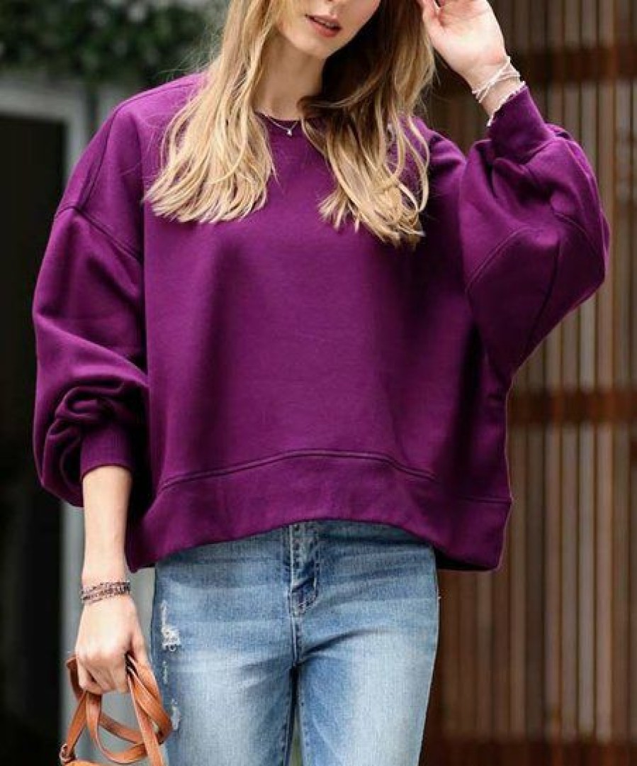 Women * | New 42Pops Dark Plum Oversize Crewneck Balloon-Sleeve Sweatshirt Women