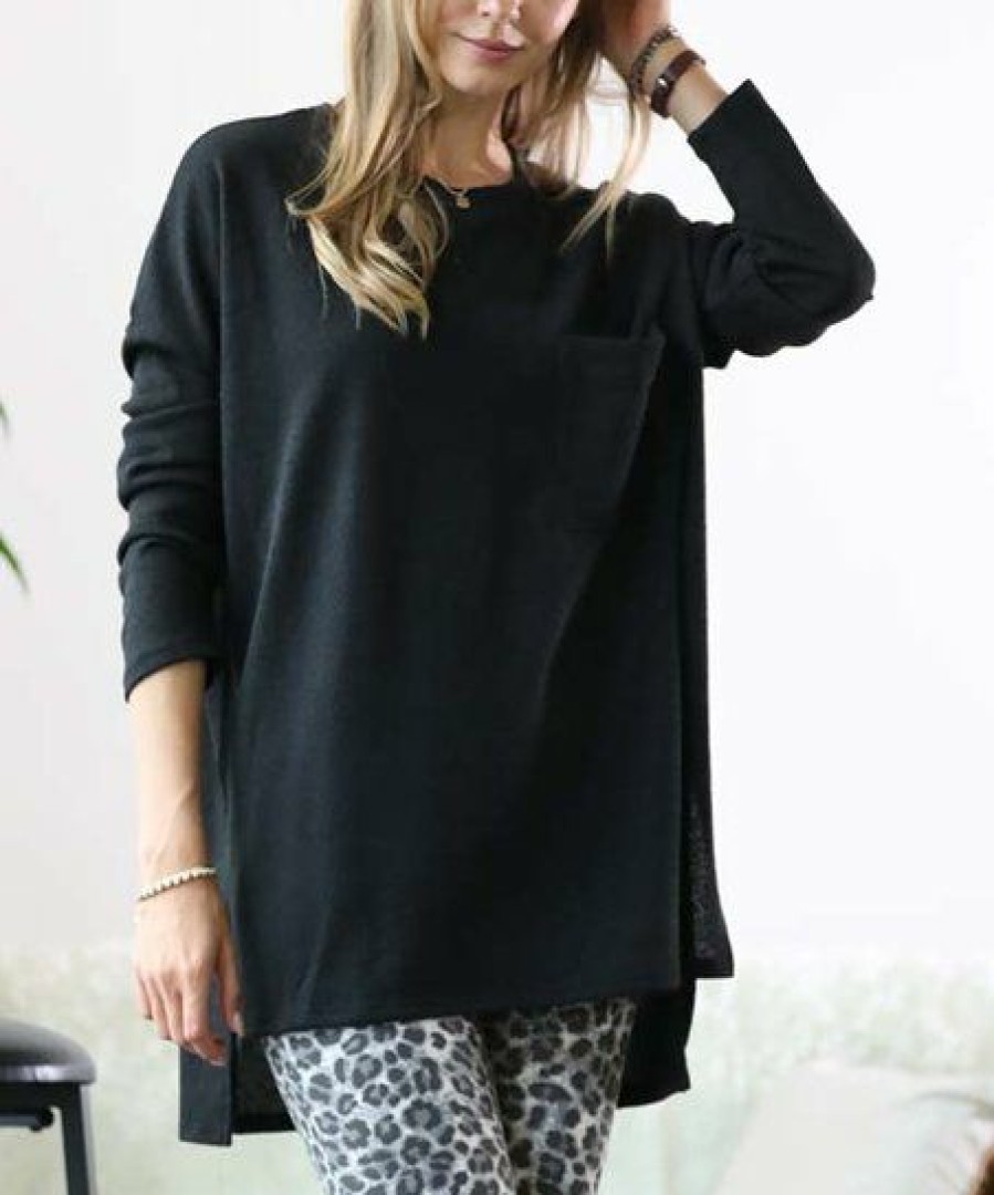 Women * | Best Deal 42Pops Black Crewneck Long-Sleeve Hi-Low Tunic Women