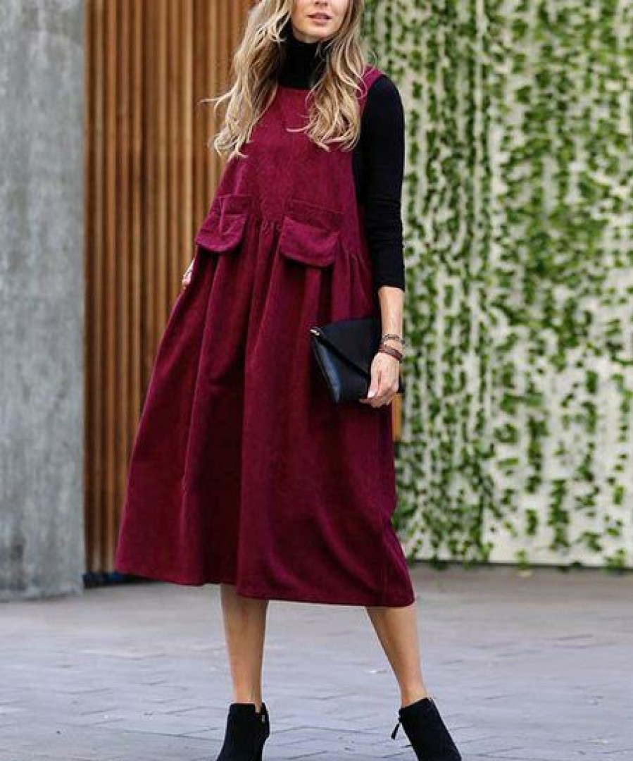 Women * | Best Reviews Of 42Pops Dark Burgundy Corduroy Sleeveless Midi Dress Women