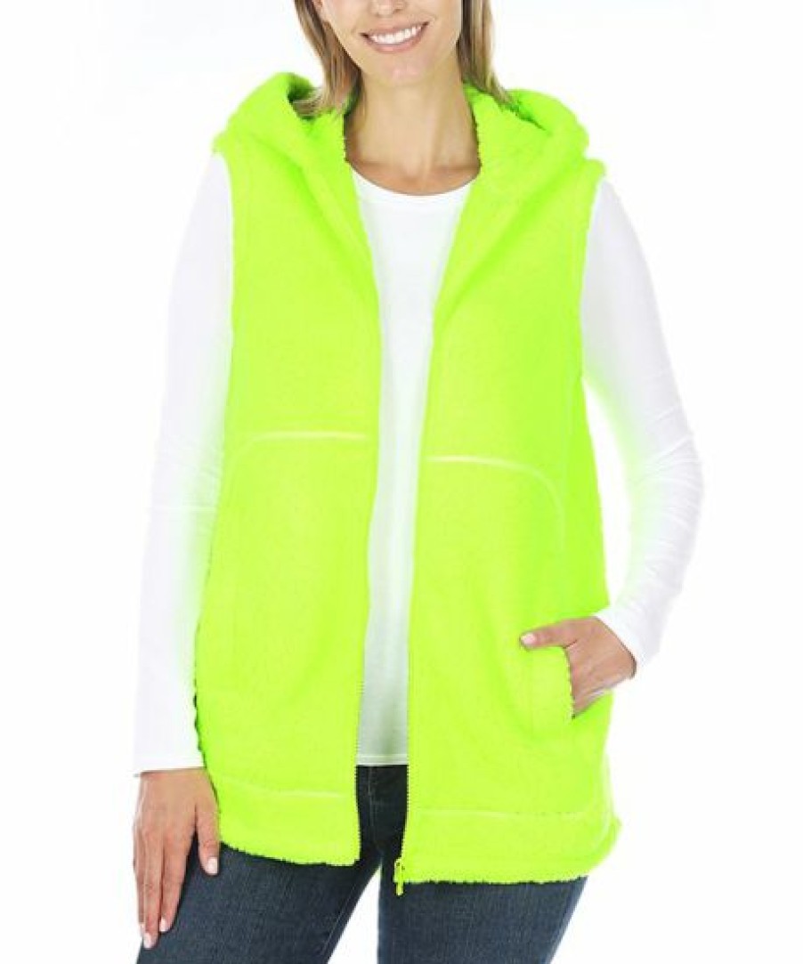 Women * | Cheap 42Pops Neon Lime Pocket Sherpa Hi-Low Hooded Vest Women