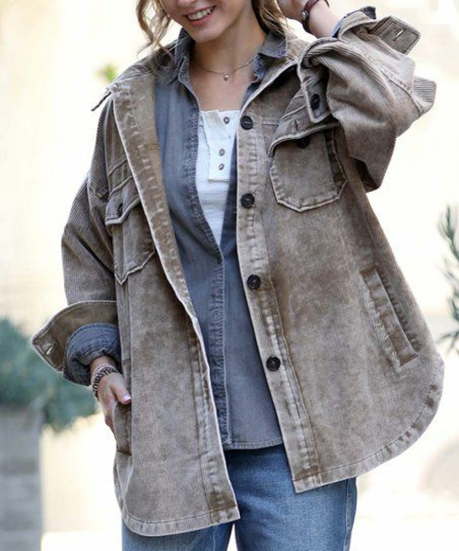 Women * | Coupon 42Pops Mocha Vintage-Wash Corduroy Pocket Oversize Shacket Women