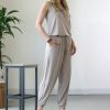 Women * | Top 10 42Pops Ash Mocha Button-Front Sleeveless Pocket Jogger Jumpsuit Women