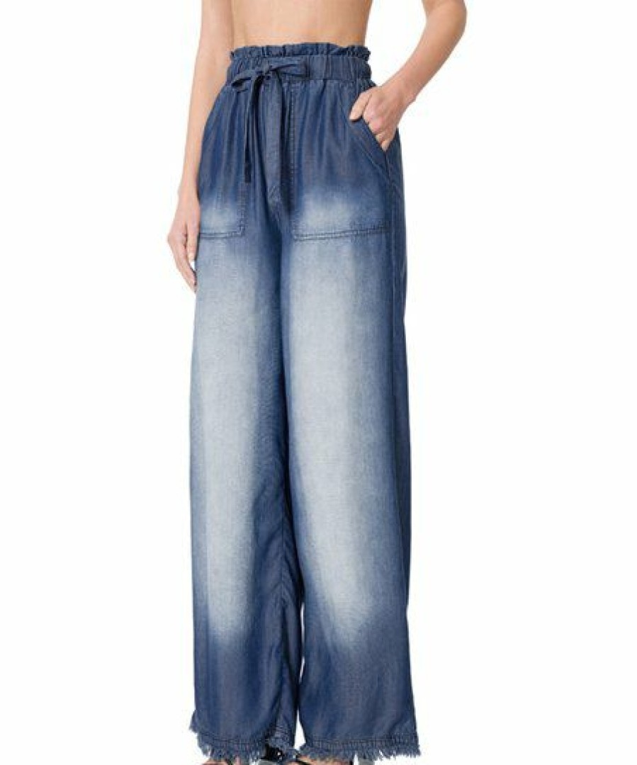 Women * | Cheap 42Pops Dark Blue Chambray Wide-Leg Pocket Paper-Bag Jeans Women