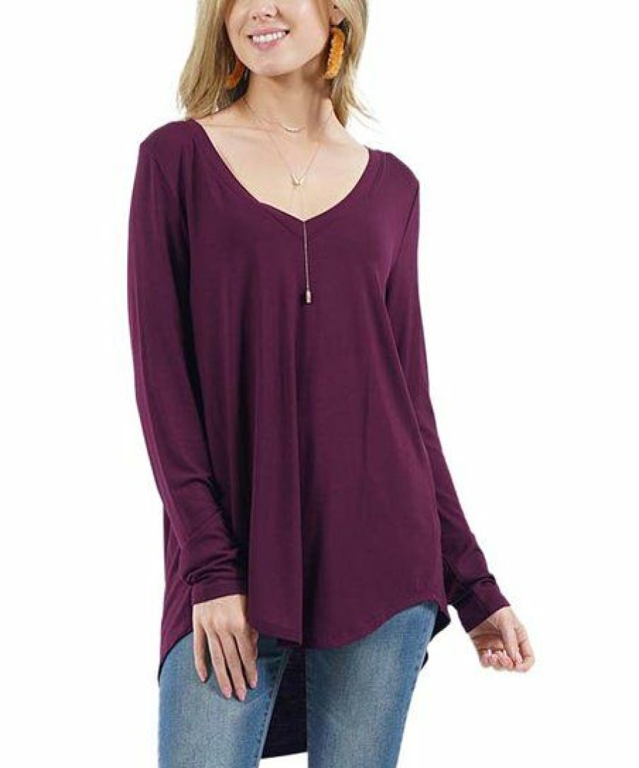 Other * | Budget 42Pops Dark Plum V-Neck Long-Sleeve Dolphin-Hem Top Women