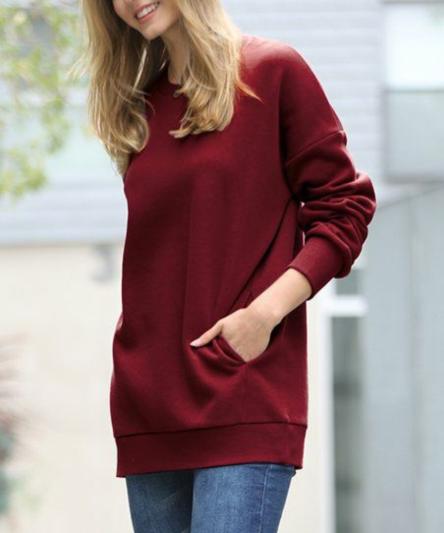 Other * | Wholesale 42Pops Dark Burgundy Crewneck Long-Sleeve Pocket Sweatshirt Women